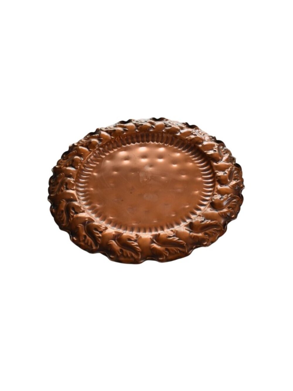 Vintage 1960's Gregorian Copper Hammered Leaf Edge Wall Hang Platter 15in